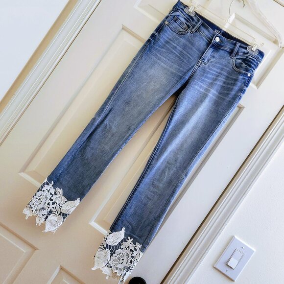Soho New York & Company White Lace Crochet Ankle Skinny Jeans Blue Stretch - Picture 3 of 14